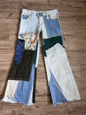 Patchwork Light Blue Jeans with Mixed Fabric Panels festival party summer size M